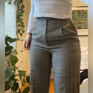 Black white and red plaid high waisted pleated trousers